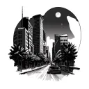 walking down the road alone with moon and downtown LA tattoo design idea