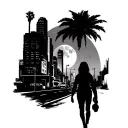 walking down the road alone with moon and downtown LA tattoo design idea