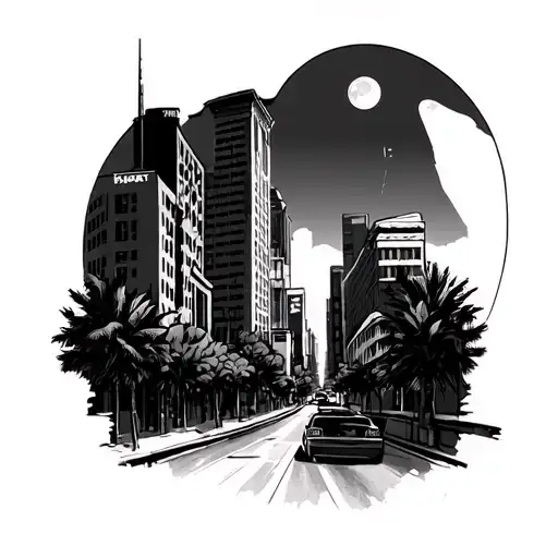 walking down the road alone with moon and downtown LA tattoo design idea