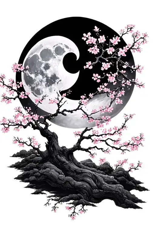 moon w cherry blossom tree surrounded tattoo design idea