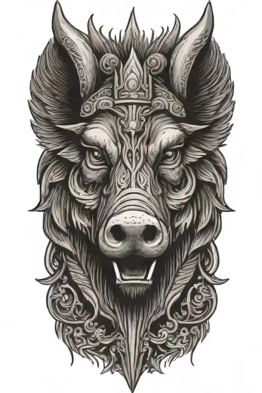 crowned boar face and wings spread in background tattoo design idea