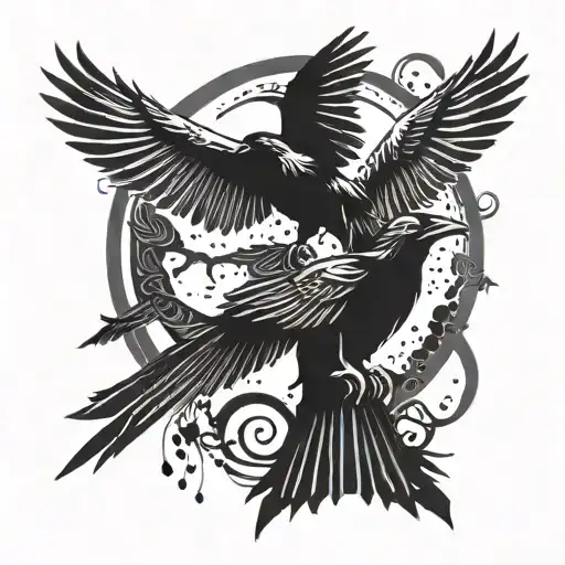 raven with itachi uchiha's mangekyou sharringan, splitting into multiple small ravens tattoo design idea
