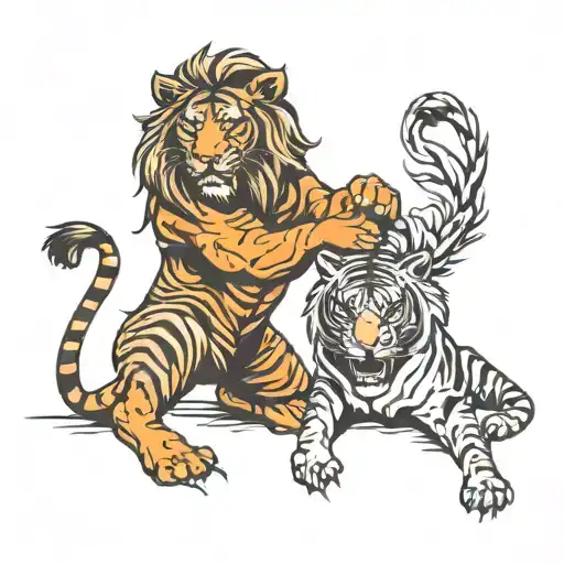 lion and tiger fighting stance tattoo design idea