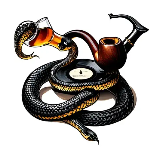 americana snake with record, whiskey and tobacco pipe tattoo design idea