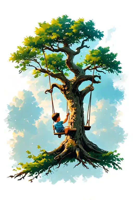 A tree with a boy on a swing tattoo design idea