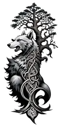 celtic pattern incorporating a tree of lif, a celtic bear, a celtic wolf full tattoo design idea