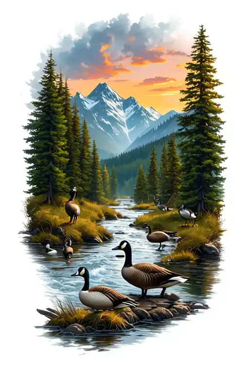mountain forest landscape with flowing River and sunset, with geese and buck tattoo design idea