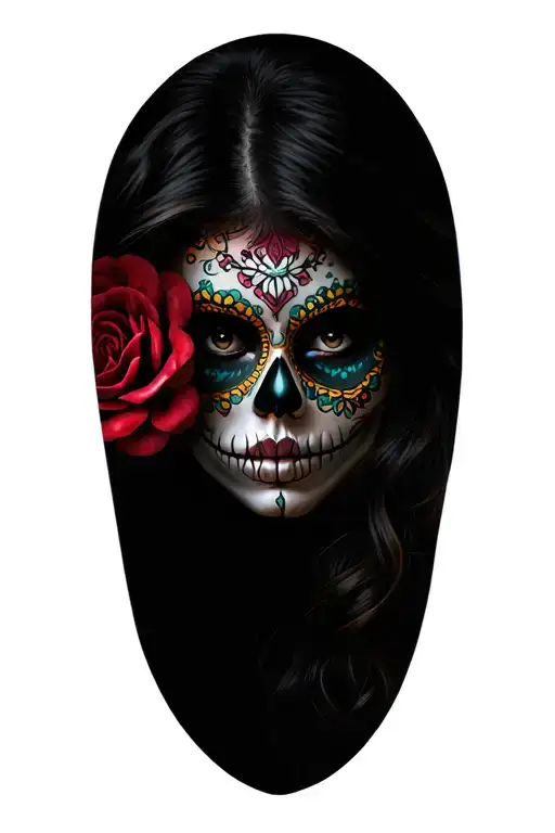 woman with day of the dead on face tattoo design idea