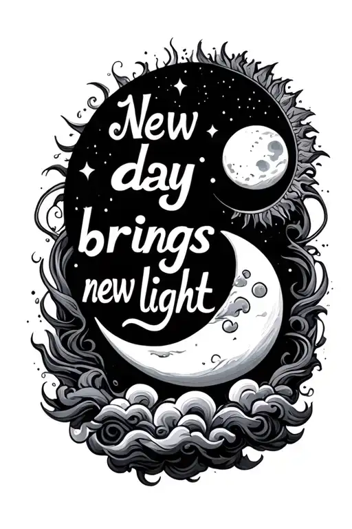 "New day brings new light" sun and moon with cloud shading tattoo design idea