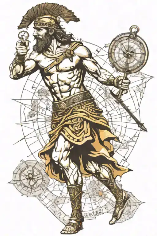 a greek warrior with maps and compass and arrows tattoo design idea
