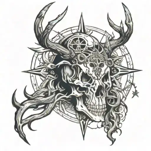 wendigo skull with antlers with half the skull a compass showing tattoo design idea