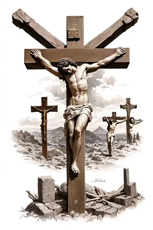 crucifixion site with 3 crosses tattoo design idea