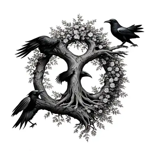 yggdrasil tree i ravens Huginn and Muninn tattoo design idea