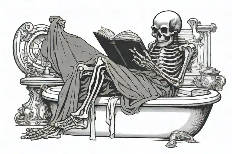 skeleton in a robe sitting on the toilet reading a book called "evidence" tattoo design idea
