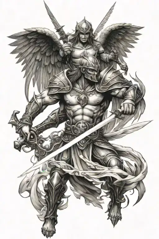 warrior angel killing demon wielding a sword tattoo design idea