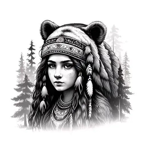 arm sleeve tattoo of forest with native girl with bear head tattoo design idea