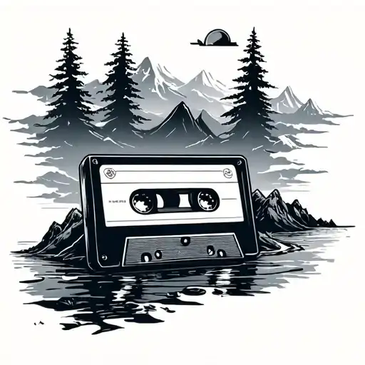 audio cassette travel landscape tattoo design idea