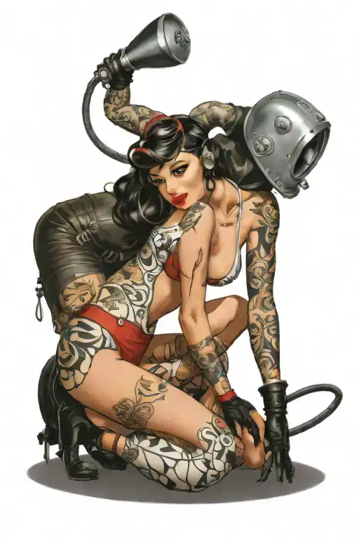 sexy pin up donning welding mask and lingerie, big, round ass, on her knees using torch, she's very fit. not weird look tattoo design idea