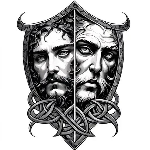 Celtic knot shield with faces merged together tattoo design idea