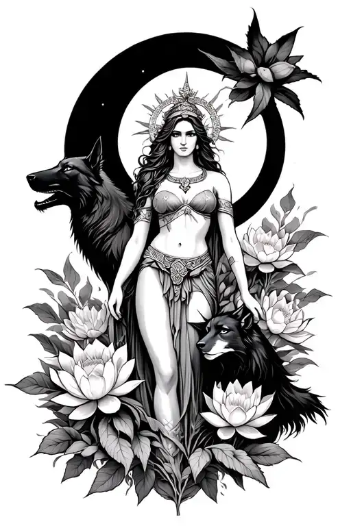 sexy Athena goddess surrounded by poeny and lotus flowers growing with black wolfon left in a mountain range with a moon tattoo design idea