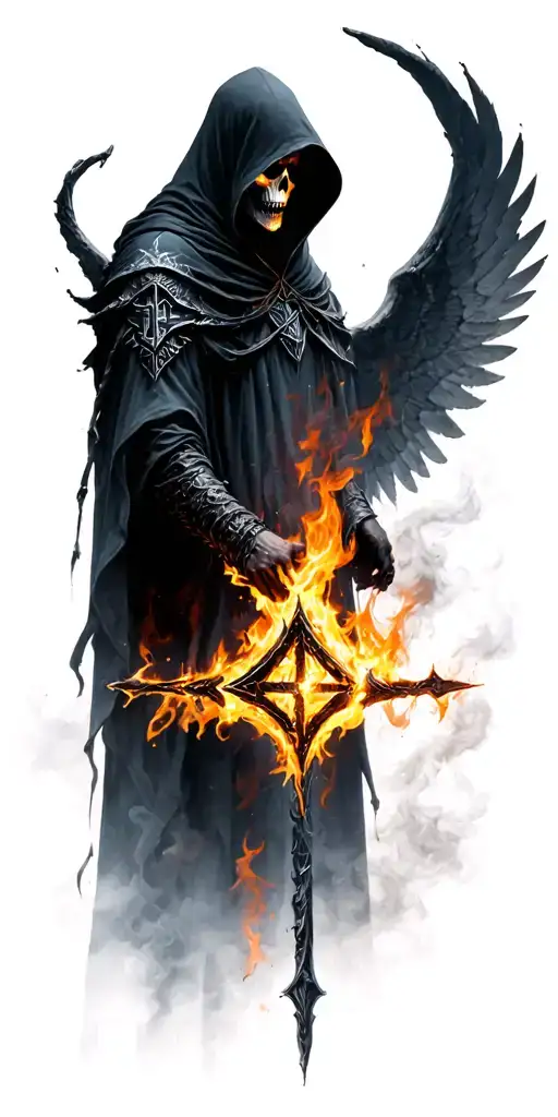 hooded reaper silohuette, smoke, fire, scary, valyririe wings,Viking runes, kenaz rune tattoo design idea
