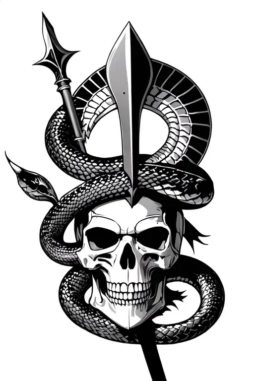 A snake wrapped on a spear with a spartan helmet planted on a skull tattoo design idea