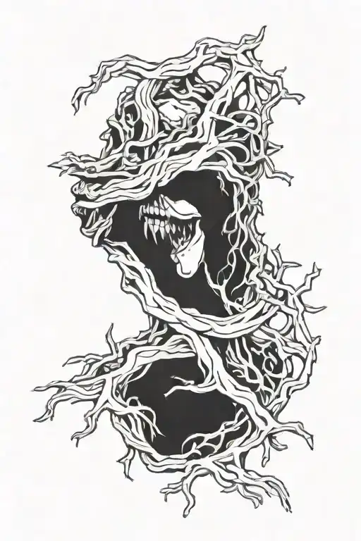 hand made of roots  wrapping around throat tattoo design idea