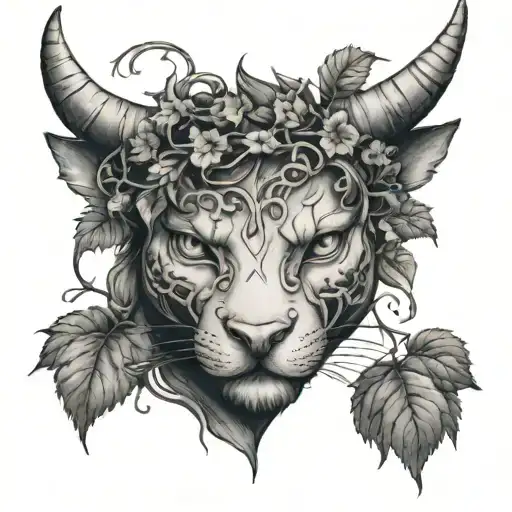 the head of a short-haired cat with bull horns instead of ears, with poison ivy vines twisting around the bull horns tattoo design idea