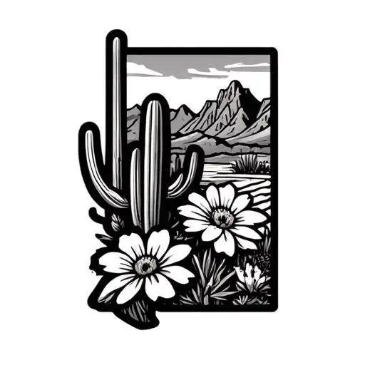 outline of Arizona with the superstition mountains. include cacti, desert landscape, and 4 flowers tattoo design idea