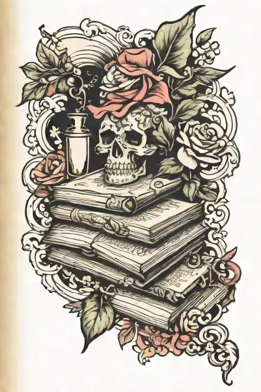 books bows pearls fantasy scene tattoo design idea