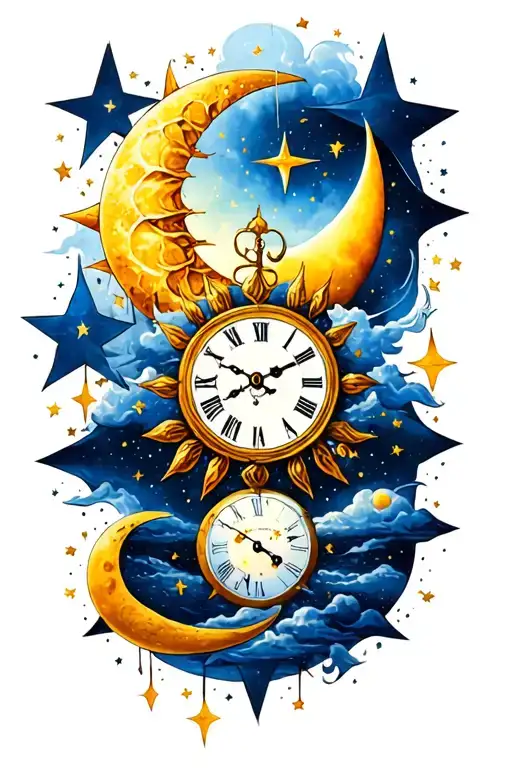 Clock on 3:00 with the Sun, moon and stars around it tattoo design idea