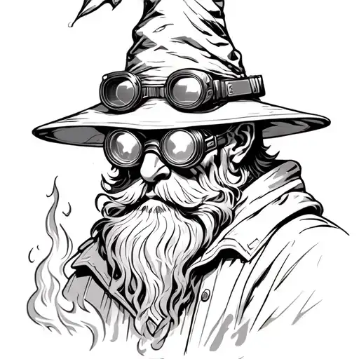Wizard in welding goggles casting fire tattoo design idea