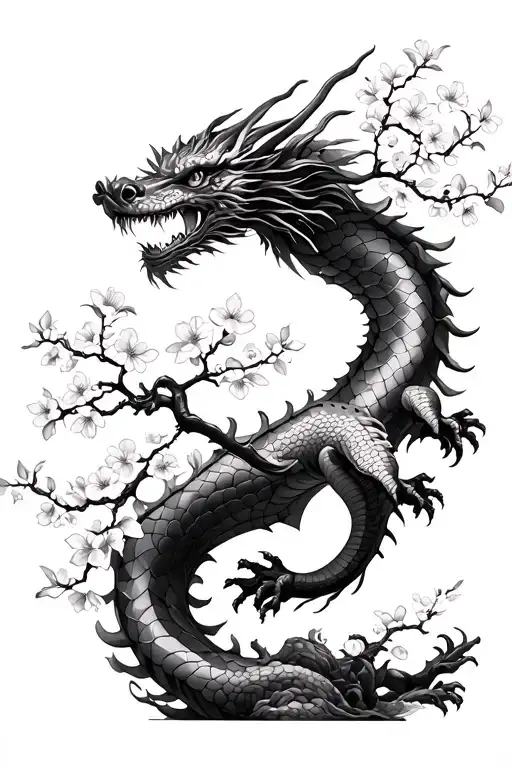 Japanese Style white cherry blossom tree and behind dragon filler tattoo design idea