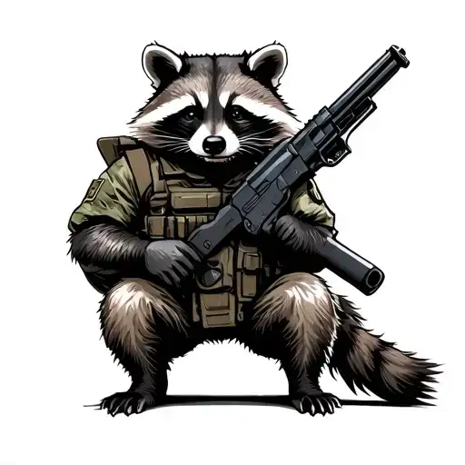 raccoon, full body, soldier, gun tattoo design idea