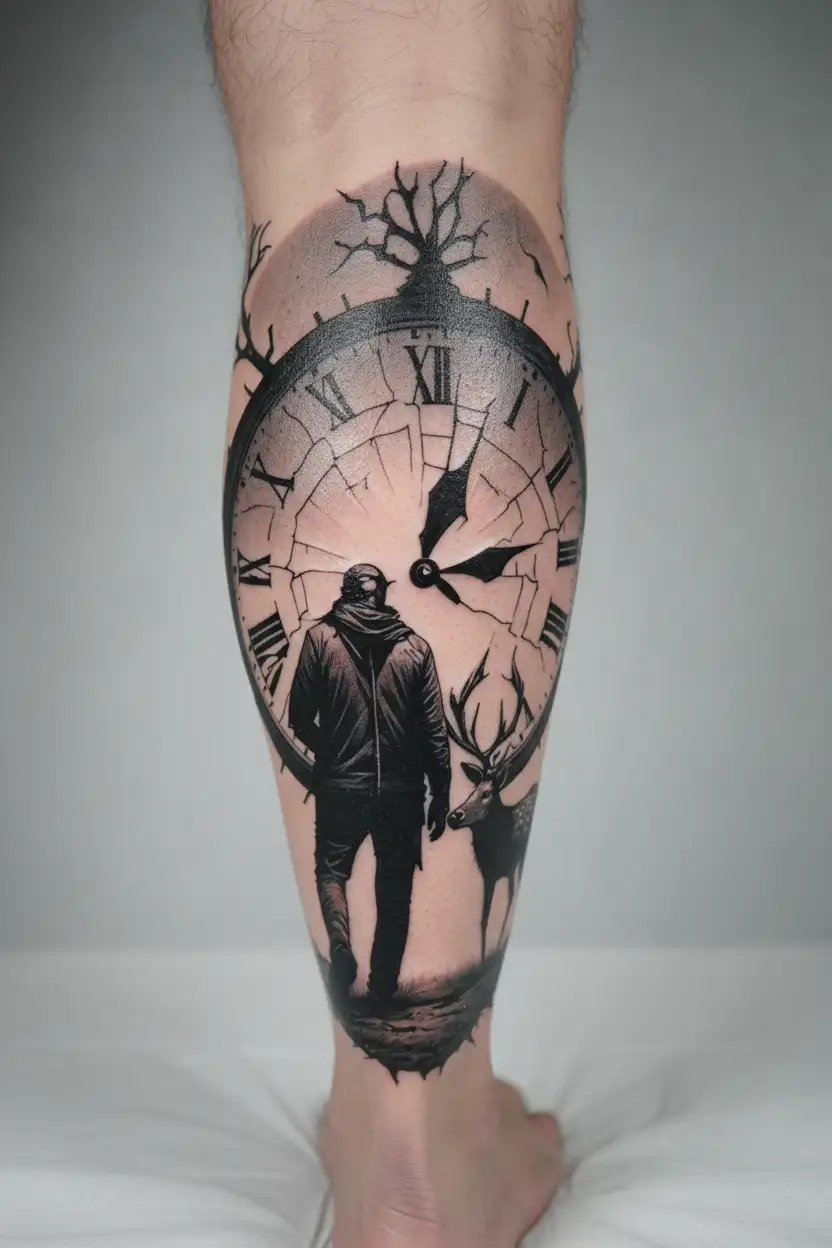 broken clock face and alone man walking and dead  with deer tattoo design idea
