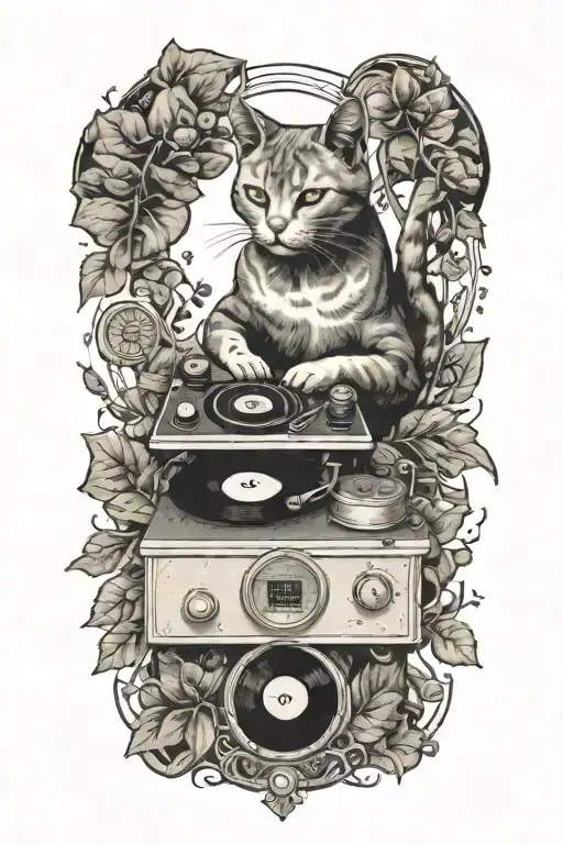 A cat playing a vintage record player under a tree with anatomical heart-shaped leaves tattoo design idea