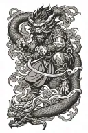 A modern interpretation of the Monkey King battling a dragon in a traditional Japanese style tattoo design idea