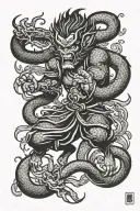 A modern interpretation of the Monkey King battling a dragon in a traditional Japanese style tattoo design idea
