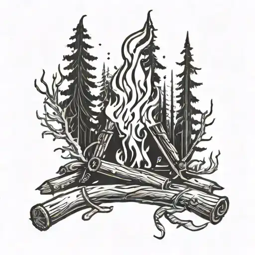 A black-grey tattoo of a campfire with welding flames and family initials carved into the wood tattoo design idea
