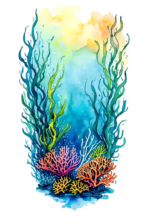 Watercolor tattoo design for a half-sleeve. An undersea coral reef scene with vibrant coral, tall swaying kelp, a delica tattoo design idea