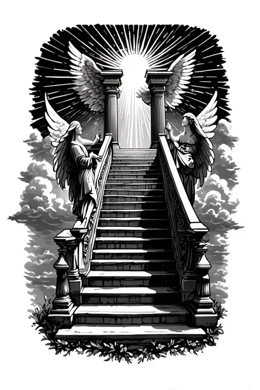 stairway to heaven walking up stairs angels sun rays clouds heaven gate at the top of the stairs  tattoo design idea