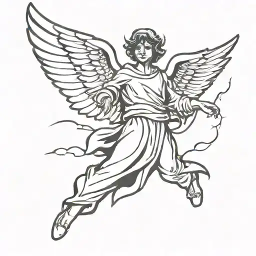 angel surrounded by clouds, leaving earth and looking back to you tattoo design idea