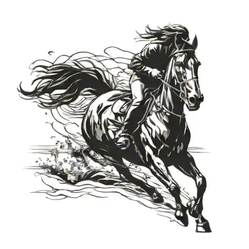 A beautiful silhouette of a horse rider galloping through a serene landscape, symbolizing freedom and passion for horse riding tattoo design idea