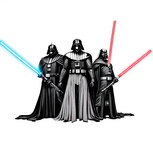 Half sleeve of Darth bane, Darth  nihilism, Darth revamped, Darth Vader and Darth maul posing with their lightsabers tattoo design idea