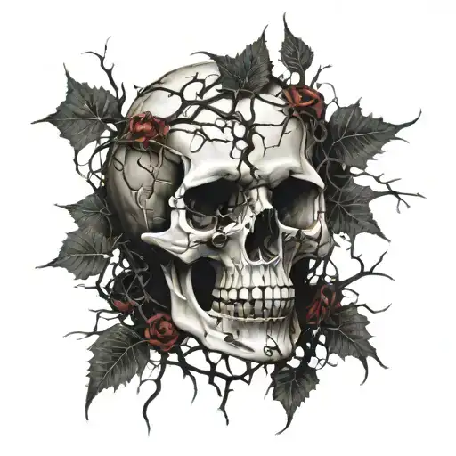 Cracked Blood covered Skull missing jawbone. Bleeding. Surrounded by Dry Thorny Blood soaked black Branches. no jawbone. tattoo design idea