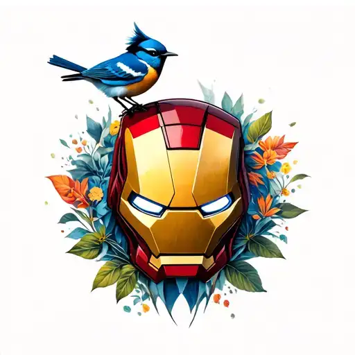 Ironman logo with blue wren bird perched atop tattoo design idea