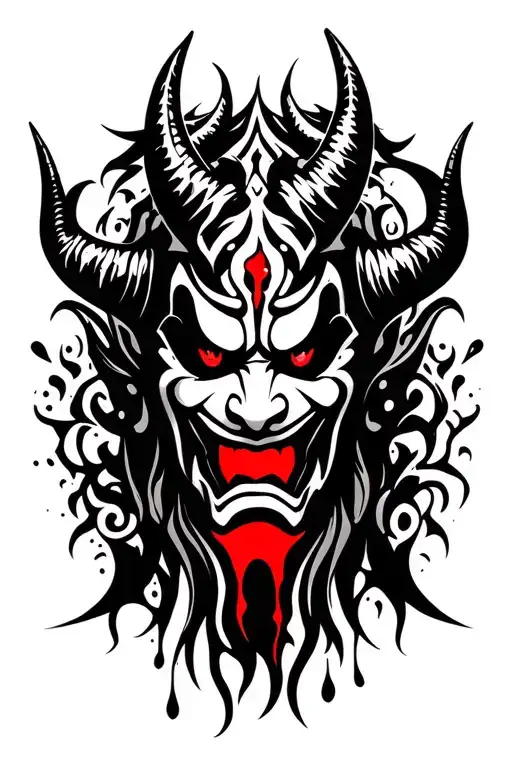 hannya mask, bloody horns, red eyes tattoo design idea