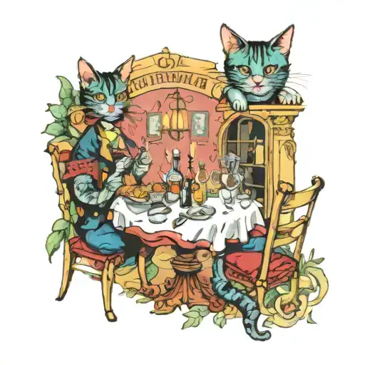 A tattoo of a romantic dinner setting at a historic hotel, with elements of cheshire cats and twink figures enjoying good food and companionship tattoo design idea