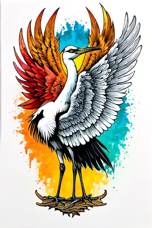 Crane with one wing side view of wing, one arm is a wing, detailed feathers and color variation between feathers. tattoo design idea