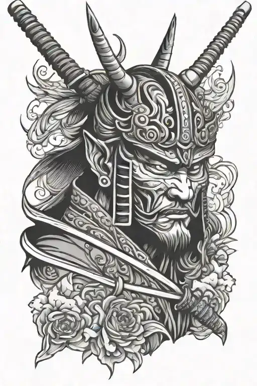 samurai with oni mask split tattoo design idea